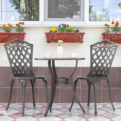 NUU GARDEN 3 Piece Outdoor Bistro Table Set, All Weather Cast Aluminum Patio Bistro Sets Patio Table and Chairs Set of 2 with Umbrella Hole for Yard, Garden, Balcony, Black