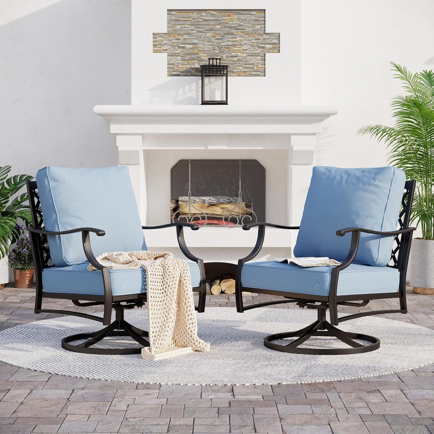 Metal Outdoor Swivel Patio Chairs Set of 2 with 5.75" Extra Thick Cushion, 2 Piece High Back Swivel Rocker Patio Chairs Outdoor Furniture Seating for Deck Balcony Front Porch, Blue