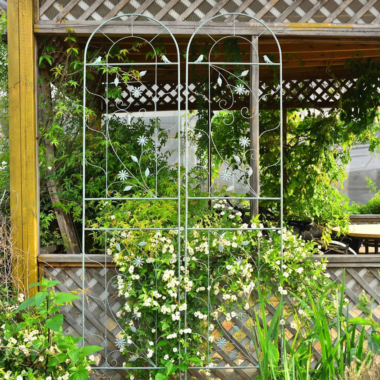 Sungmor Large Metal Garden Trellises for Climbing Plants - 82.5 Inch Tall & 2PC Green Pack - Beautiful Retro Style Metal Fence Trellis - Gardening Vines Plant Support for Flower Rose Climbing