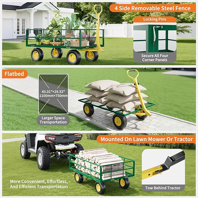 1200LB Capacity Garden Cart, 3-in-1 Heavy Duty Utility Wagon with 13" All-Terrain Tires, Removable Mesh Sides & 180° Swivel Handle - Outdoor Yard Cart for Gardening, Farming, Patio Use