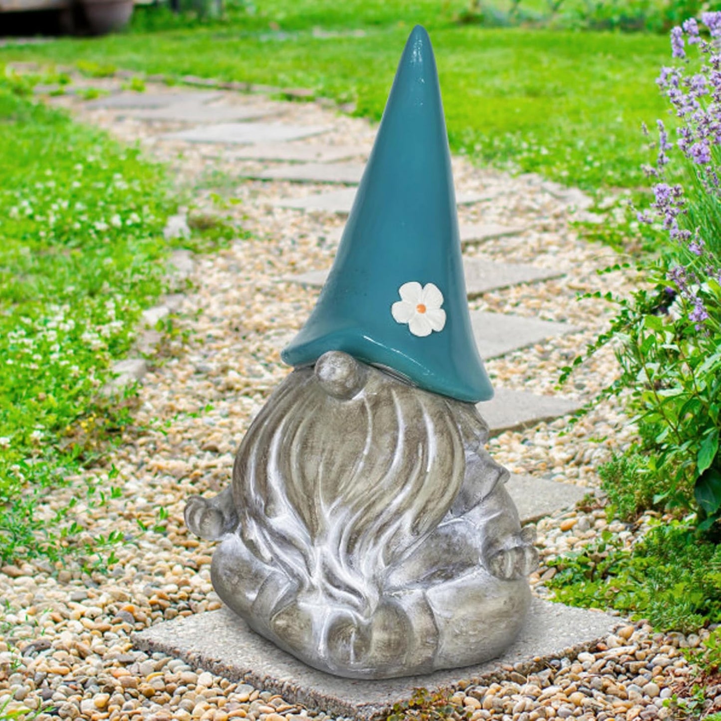Exhart Garden Sculpture, Meditating Yoga Solar Garden Gnome Statue, LED Flower Hat, Outdoor Garden Decoration, 7 x 11.5 Inch, Teal