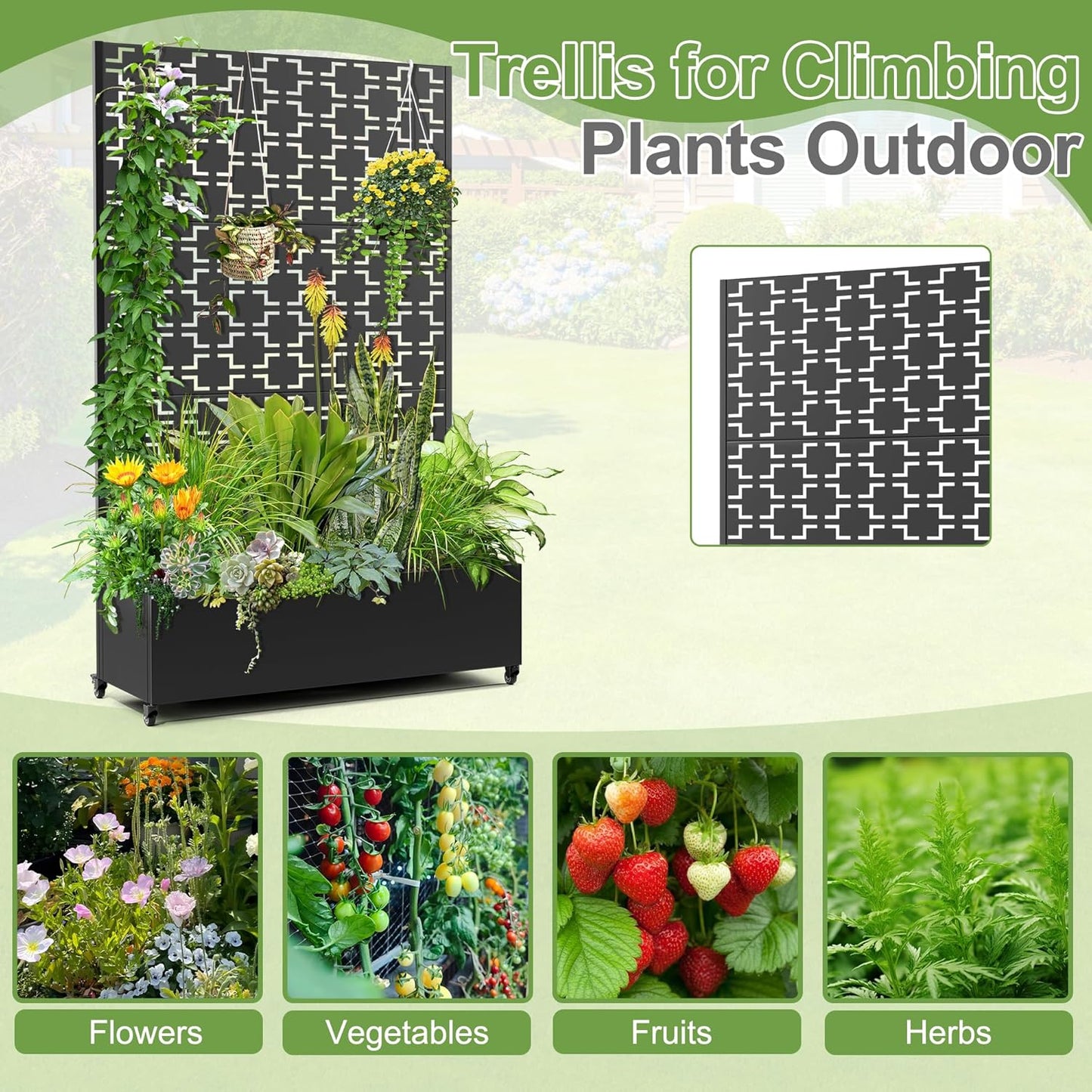Raised Garden Bed with Trellis and Wheels,73"x47"x16" Metal Raised Garden Bed,Black Squared Metal Planter with Climbing Trellis for Vines & Vegetables
