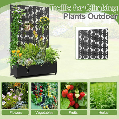 Raised Garden Bed with Trellis and Wheels,73"x47"x16" Metal Raised Garden Bed,Black Squared Metal Planter with Climbing Trellis for Vines & Vegetables