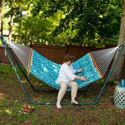Sunnydaze Quilted Outdoor Hammock with Spreader Bars - Heavy-Duty 450-Pound Capacity Double Hammock for Outside - Cool Blue Tropics