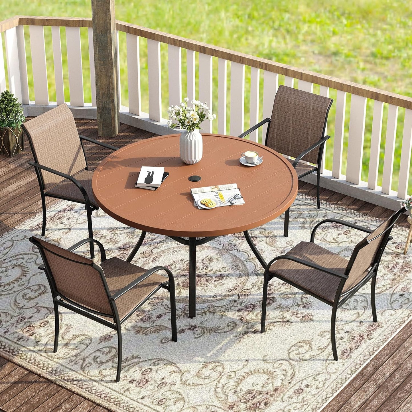 VICLLAX Patio Dining Set for 4, 5 Pieces Outdoor Furniture Set Includes 41.7" Round Patio Table and 4 Patio Stackable Chairs, Outdoor Table and Chairs for Outsides, Walnut Tabletop and Brown Fabric