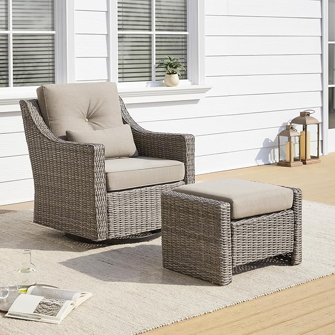CHITA 2 Pieces Patio Wicker Furniture Set, Outdoor Rattan Bistro Set with Rocking Swivel Chair, Thickened Cushions and Ottoman