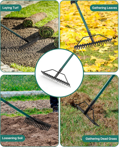 Garden Rake, 17'' Thatch Rake Heavy Duty with 63'' Long Back-Saving Adjustable Handle, Heavy Duty Metal Garden Tool for Loosening Leveling Soil, Gathering Leaves Grass, Weeding
