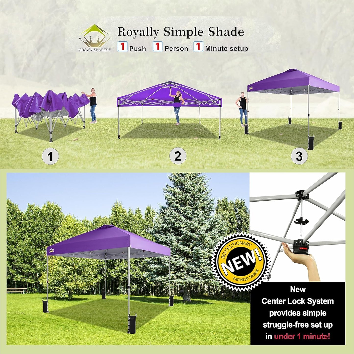 CROWN SHADES 10x10 Pop Up Canopy - Beach Tent with One Push Setup - Easy Outdoor Sun Shade for Events, Parties, Camping - Gazebo with STO-N-Go Cover Bag, Silver Coated Top, Purple