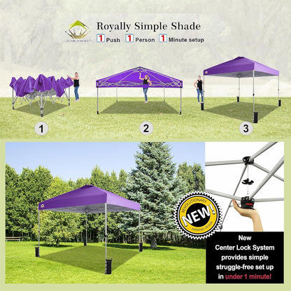 CROWN SHADES 10x10 Pop Up Canopy - Beach Tent with One Push Setup - Easy Outdoor Sun Shade for Events, Parties, Camping - Gazebo with STO-N-Go Cover Bag, Silver Coated Top, Purple