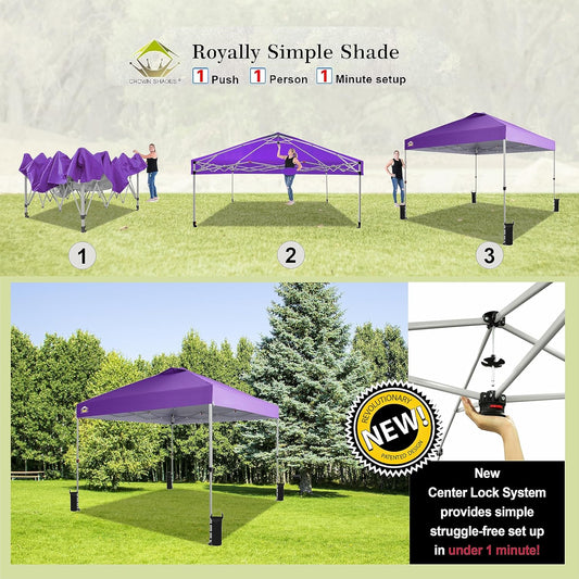 CROWN SHADES 10x10 Pop Up Canopy - Beach Tent with One Push Setup - Easy Outdoor Sun Shade for Events, Parties, Camping - Gazebo with STO-N-Go Cover Bag, Silver Coated Top, Purple