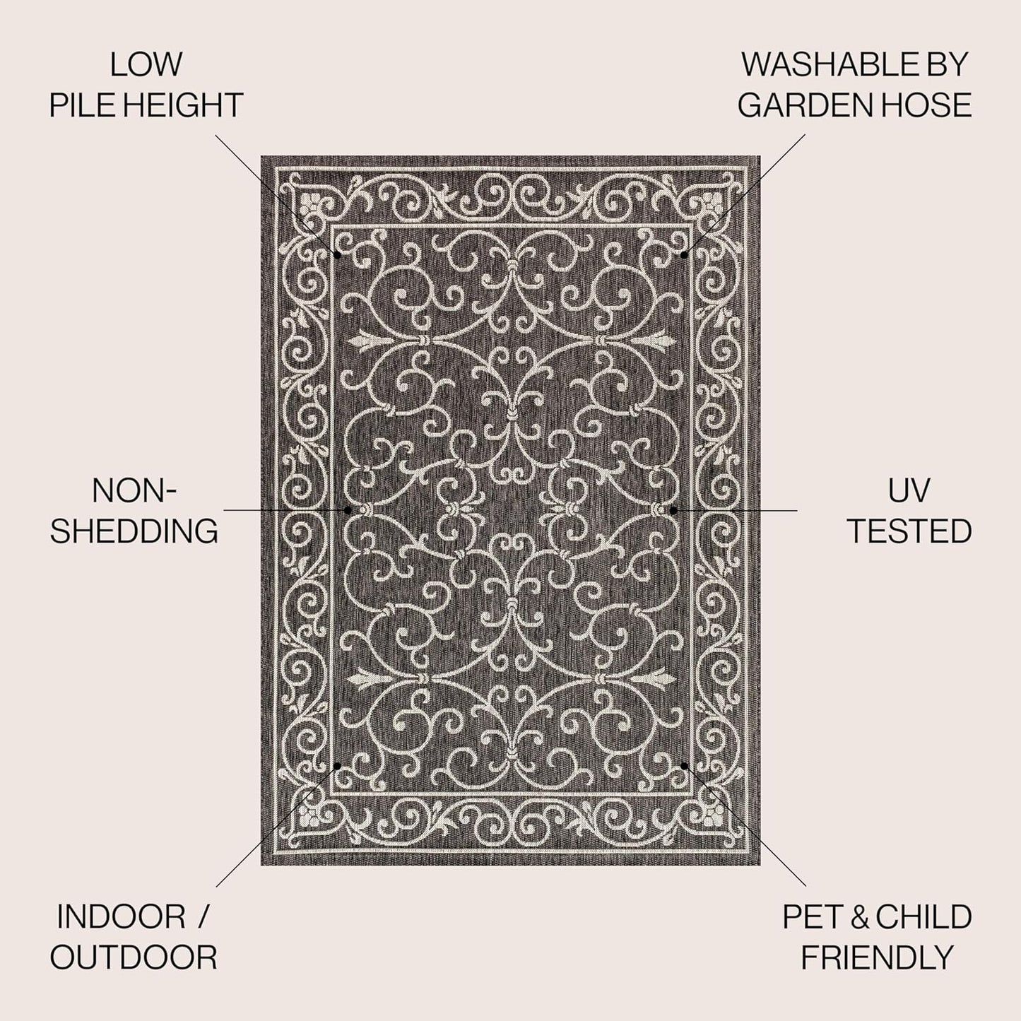 JONATHAN Y SMB106G-9SQ Charleston Vintage Filigree Textured Weave Black/Gray 9' Square Indoor/Outdoor Area Rug, Pet Friendly, Non-Shedding, Stain Resistant, Easy-Cleaning for Backyard, Patio, Porch