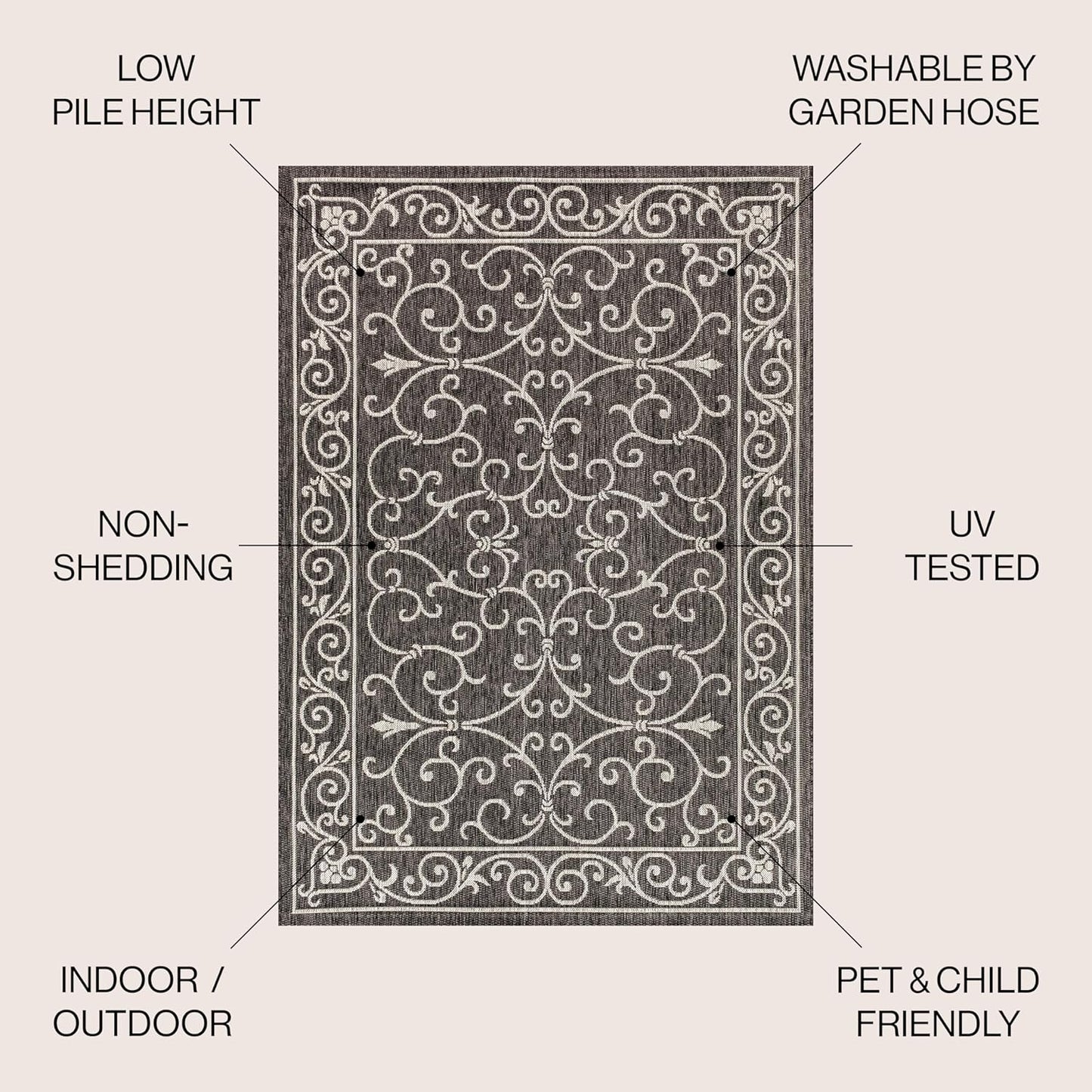 JONATHAN Y SMB106G-9R Charleston Vintage Filigree Textured Weave Black/Gray 9' Round Indoor/Outdoor Area Rug, Pet Friendly, Non-Shedding, Stain Resistant, Easy-Cleaning for Backyard, Patio, Porch