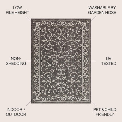 JONATHAN Y SMB106G-8R Charleston Vintage Filigree Textured Weave Black/Gray 8' Round Indoor/Outdoor Area Rug, Pet Friendly, Non-Shedding, Stain Resistant, Easy-Cleaning for Backyard, Patio, Porch