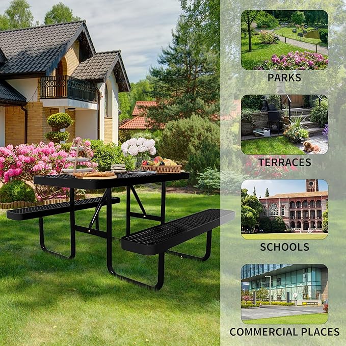 4FT Rectangular Steel Outdoor Picnic Table,Commercial Black Picnic Table Bench Set with Umbrella Hole, Weather-Resistant Heavy Duty School Dining Table for Patio, Garden, Backyard