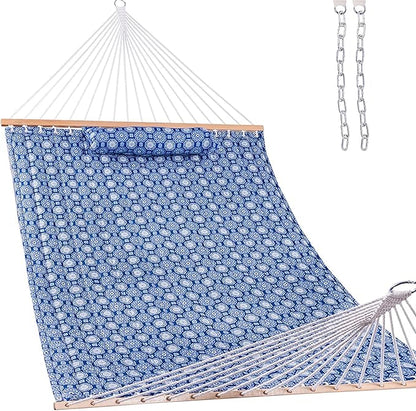 Lazy Daze Hammocks 12FT Quilted Fabric Hammock with Soft Pillow, Double 2 Person Tree Hammock with Spreader Bar for Outdoor Patio Backyard Poolside, 450lbs Weight Capacity, Blue Floral