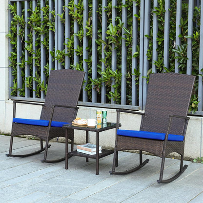 Outdoor Rocking Chairs Set - 3 High-Backed Patio Rockers with Bistro Table & Anti-Slip Cushions, Dark Blue
