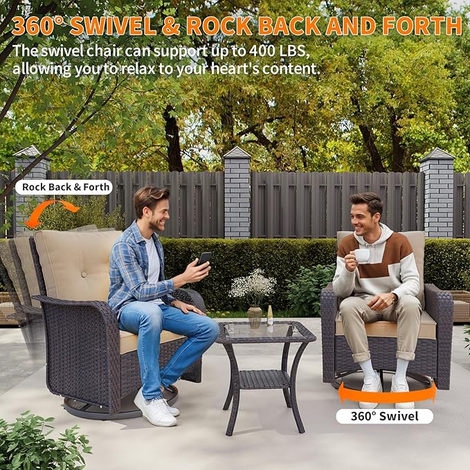 Gotland 3 Pieces Patio Set, Outdoor Swivel Chairs Set of 2 with 4'' Waterproof Cushions High Back Double-Layer Side Table, Wicker Rocking Patio Chairs Set of 2 for Balcony, Porch, Garden