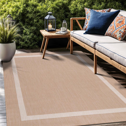 Bordered Outdoor Rug 9x12 Washable Outside Carpet for Indoor Patio Porch Waterproof Easy Cleaning Non Shedding Area Rugs Beige 9 x 12
