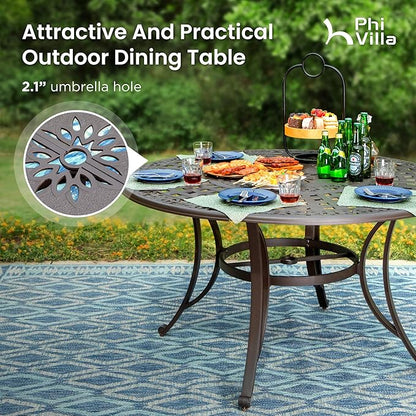 PHI VILLA Patio Dining Set for 6 Person, 7 Piece Cast Aluminum Outdoor Table Chair Set with 54" Dia Cast-Top Aluminum Table(2.1" Umbrella Hole) and 6 Extra Wide Dining Chairs with Seat Cushions