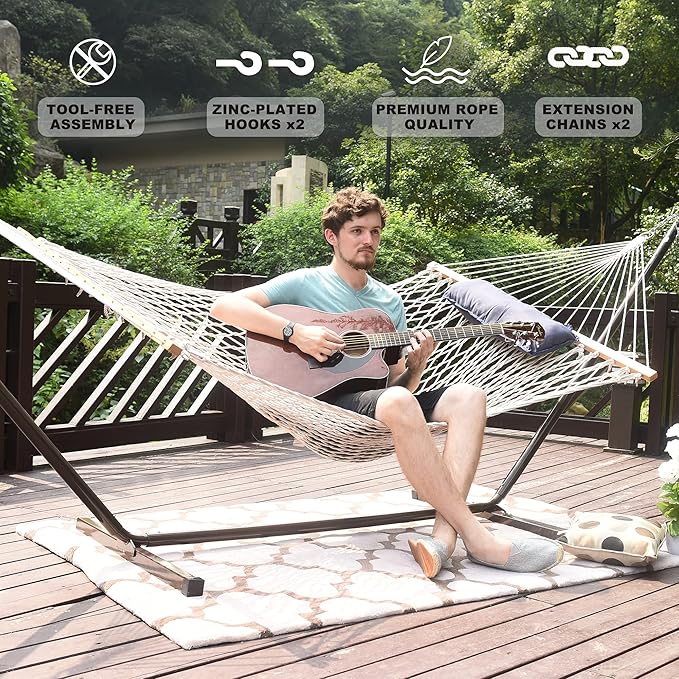 Lazy Daze Hammocks Double Rope Hammock with Stand Include, 12 Feet Traditional Cotton Rope with Pillow for Outside, Backyard, Patio, Garden, Blue Pillow