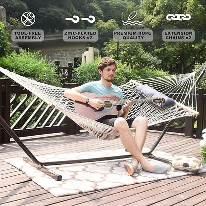 Lazy Daze Hammocks Double Rope Hammock with Stand Include, 12 Feet Traditional Cotton Rope with Pillow for Outside, Backyard, Patio, Garden, Blue Pillow