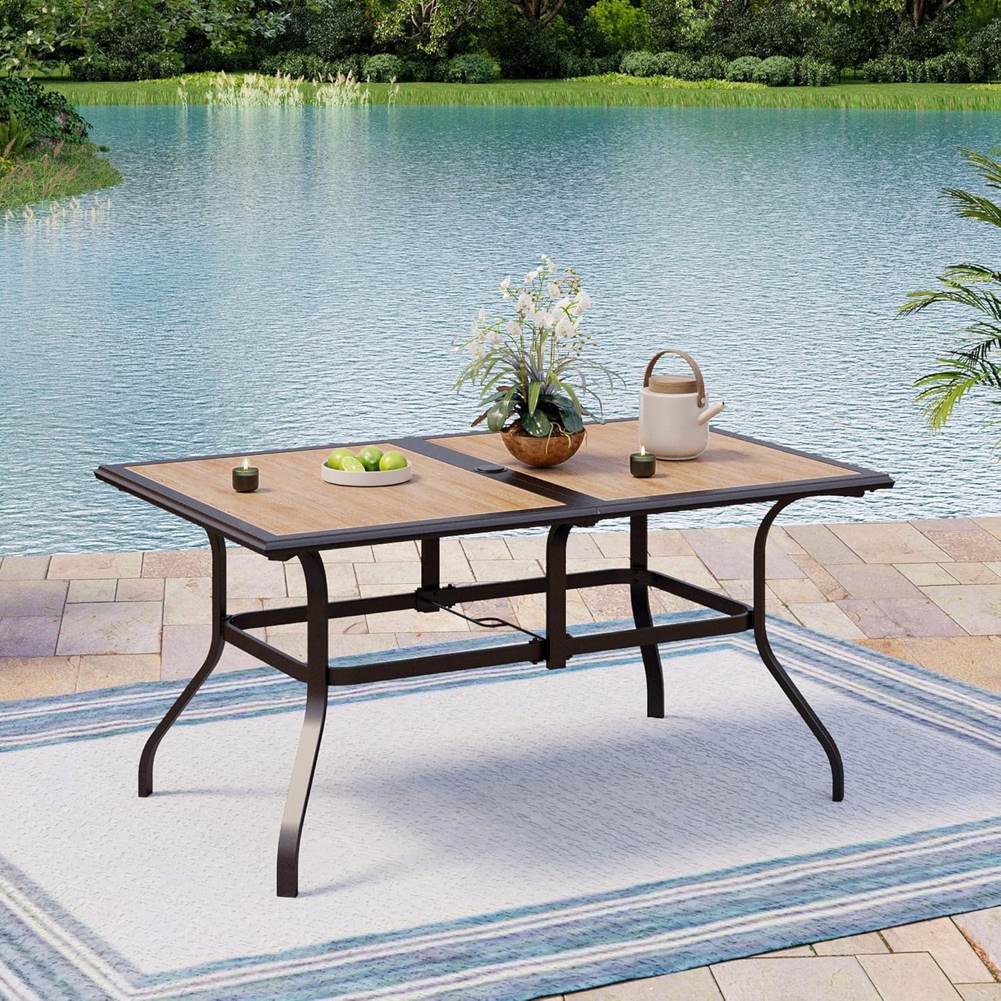 Outdoor Patio Dining Table for 6, 60" x 37" Rectangular Metal Patio Dining Table with Umbrella Hole for Garden, Backyard and Porch