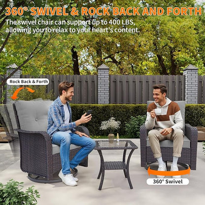 Gotland 3 Pieces Patio Set, Outdoor Swivel Chairs Set of 2 with 4'' Waterproof Cushions High Back Double-Layer Side Table, Wicker Rocking Patio Chairs Set of 2 for Balcony, Porch, Garden Gray