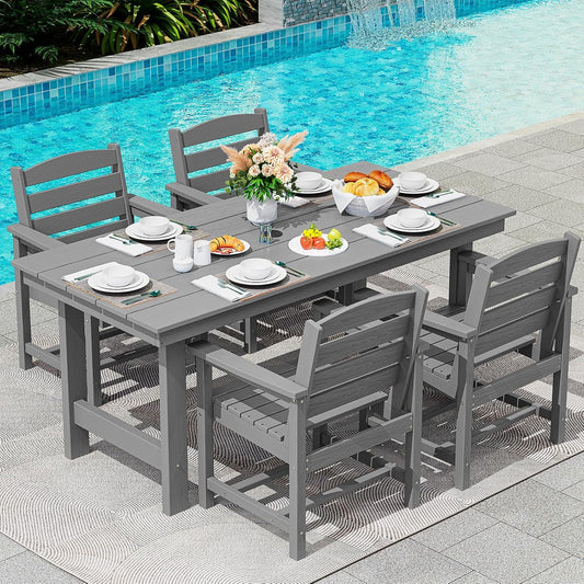 SERWALL Modern Patio Dining Set, 5-Piece Rectangular HDPE Dining Table with Umbrella Hole & 4 Chairs, Grey
