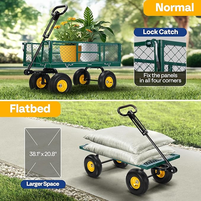 VIVOHOME Garden Cart Steel Heavy Duty 900 LBS Yard and Garden Wagon with 10 inch Tire and Handle Attach to ATV or Tractor Green