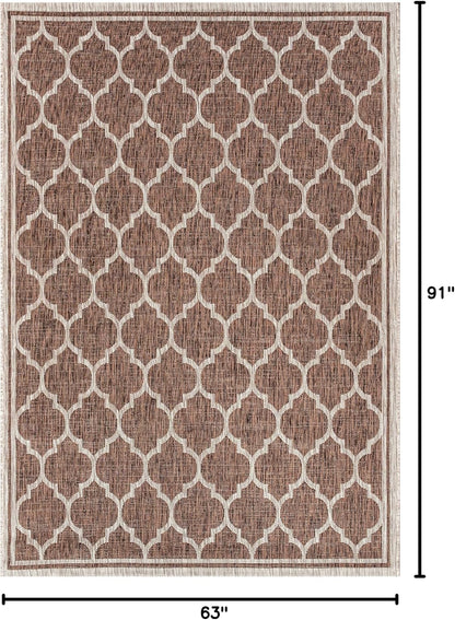 Eyely BMS109B-5 Santa Monica Trebol Moroccan Trellis Textured Weave Indoor/Outdoor Area Rug Coastal;Bohemian, Bedroom, Backyard, Patio, Easy-Cleaning, Non-Shedding, 5 X 8, Espresso/Taupe