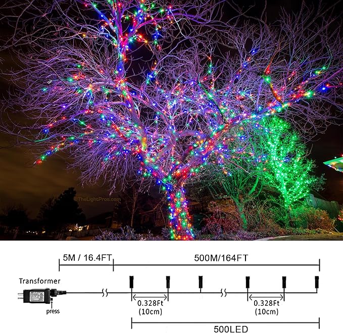 weillsnow 164 FT 500 LED Christmas Lights Outdoor, Waterproof Christmas Fairy Lights with Timer, Plug in Multicolor LED String Lights with 8 Modes for Bedroom Wedding Party Xmas Decoration