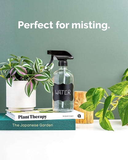 Vine Creations Glass Spray Bottles, 2 Pack Refillable Spray Bottles for Cleaning Solutions, Plant Misters, Clear Glass Spray Bottle for hair, 16 oz Mister Spray Bottle with Waterproof Labels