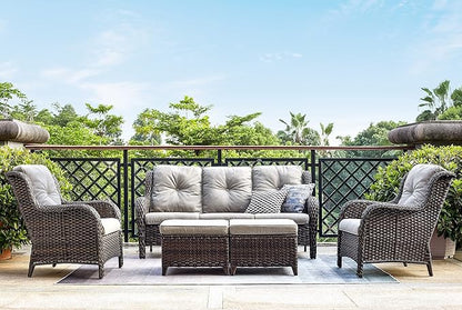 Rilyson Outdoor Furniture Set, 5-Piece Patio Rattan Wicker Sectional Sofa Set with 3-Seat Couch, 2 Armchairs, 2 Ottoman Footrests for Patio Conversation (5 PC,Brown/Grey)