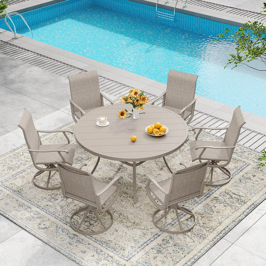 DIFY 50" Round Outdoor Patio Dining Table for 6, Metal Patio Table with 1.57" Adjustable Umbrella Hole, All-Weather Dining Furniture Table for Backyard Lawn Garden, Sandshell