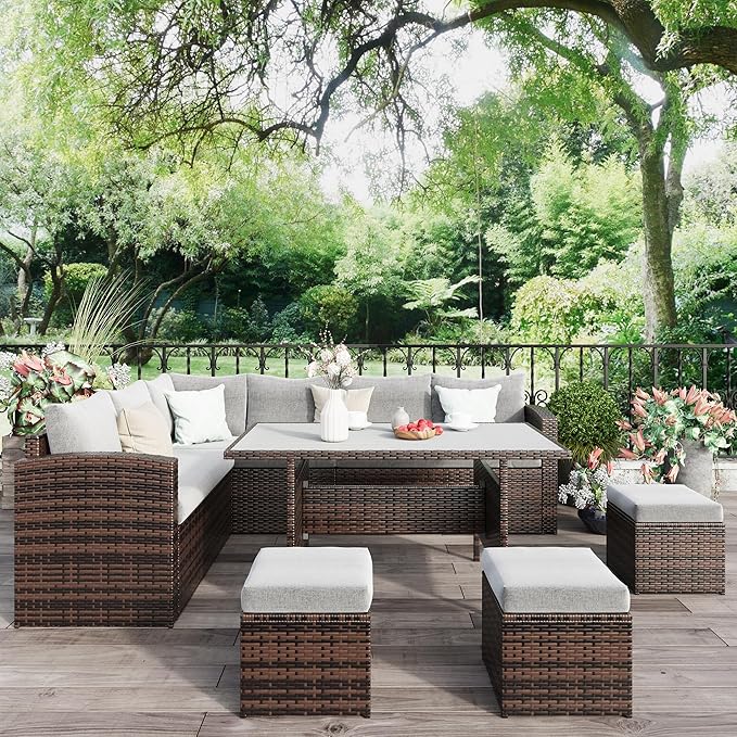 Wisteria Lane 7 Piece Patio Furniture Set, High Curved Back Wicker Outdoor Sectional with Dining Table, All Weather Wicker Outdoor Dining Set, Patio Conversation Set with Ottoman, Grey