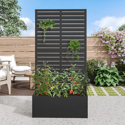 Casaphoria Metal Raised Garden Bed with Trellis, 59"x30"x12" Planter Box for Climbing Plants, Vegetables & Vines, Features Drainage Holes and Privacy Screen (Black-Louvered)