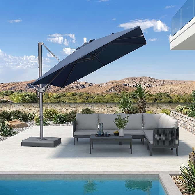 PURPLE LEAF 8' X 8' Left-right Tilting Outdoor Patio Umbrella Swivel Offset Cantilever Heavy Duty Rectangle Aluminum Umbrella with UV Resistant for Deck Pool Patio Backyard, Ocean Slate