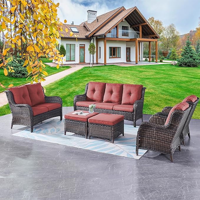 Rilyson Outdoor Patio Furniture Sofa Set - 6 Piece Rattan Wicker Patio Sectional Conversation Sets with 1 Sofa,1 Loveseat,2 Armrest Chairs and 2 Ottomans for Porch Deck Garden(Brown/Red)