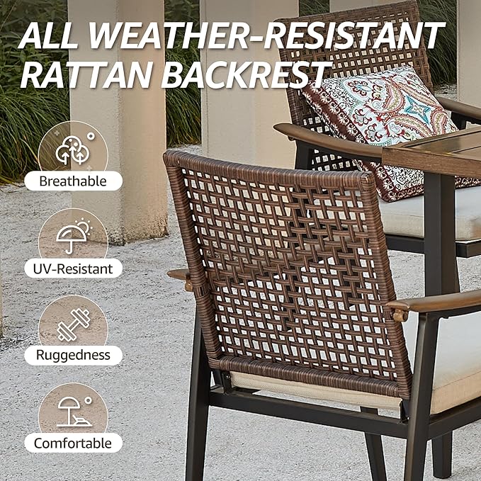 NATURAL EXPRESSIONS 7 Piece Patio Dining Set for 6 Outdoor Furniture Set, Rattan Wicker Chairs with Cushions and 65” Large Dining Table with 1.65'' Umbrella Hole for Patio, Garden, Porch, Pool, Beige