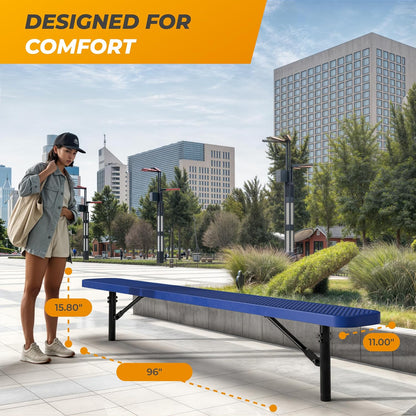 Heavy-Duty Outdoor Metal Bench, Thermoplastic-Coated, Inground, Weatherproof, Commercial-Grade for Parks, Gardens, Patios, Stores & More (8 Ft - Inground, Blue)