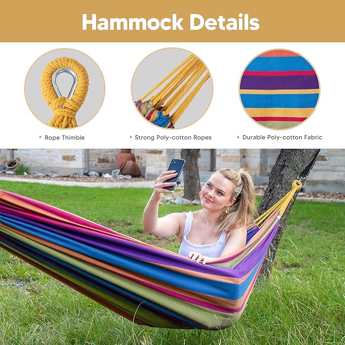 SUNCREAT Portable Large Hammock with Stand, Two Person Hammock with Stand Included, Rainbow Stripes