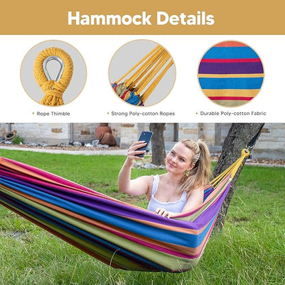 SUNCREAT Portable Large Hammock with Stand, Two Person Hammock with Stand Included, Rainbow Stripes