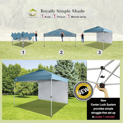 CROWN SHADES 10x10 Pop Up Canopy with 1 Side Wall - Beach Tent with One Push Setup - Outdoor Sun Shade for Events, Parties, Camping - Gazebo with STO-N-Go Cover Bag (Cyan Blue)