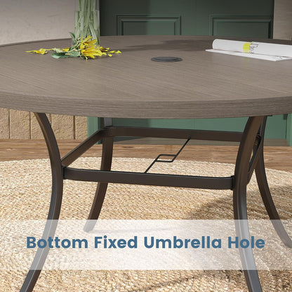 DIFY 50" Round Outdoor Patio Dining Table for 6, Metal Patio Table with 1.57" Adjustable Umbrella Hole, All-Weather Dining Furniture Table for Backyard Lawn Garden, Grey Wood-Like