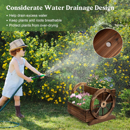 Wooden Wagon Planter Box, Garden Planter with Wheels,Decorative Planter for Flowers Herbs Vegetables for Indoor & Outdoor Décor, Flower Cart for Patio Garden Balcony