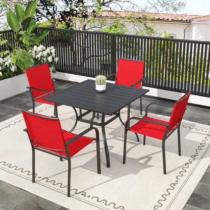 Anumutig 5-Piece Patio Dining Set, 35-Inch Square Table with 4 Stackable Chairs, Black Frame with Red Mesh, Outdoor Furniture