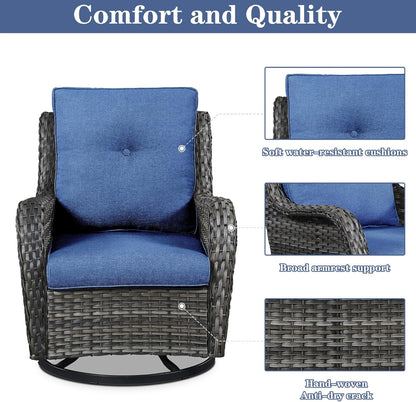 5 Pieces Patio Furniture Sets Wicker Outdoor Furniture, Rattan Patio Swivel Glider Chairs with 2 Ottoman and Glass Side Table