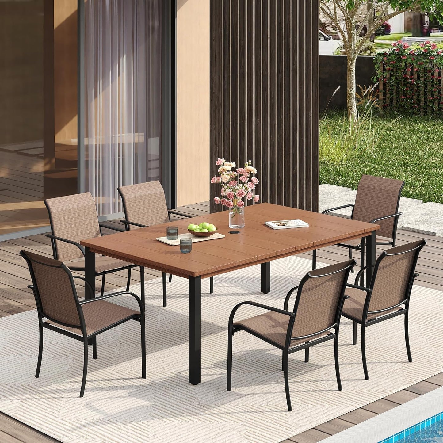 VICLLAX Patio Dining Set for 6, Outdoor Furniture Set Includes 63" Rectangle Patio Table and 6 Patio Sling Chairs, Outdoor Table and Chairs for Outsides, Walnut Tabletop and Brown Fabric