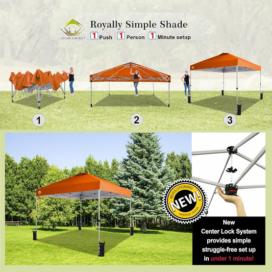 CROWN SHADES 10x10 Pop Up Canopy - Beach Tent with One Push Setup - Easy Outdoor Sun Shade for Events, Parties, Camping - Gazebo with STO-N-Go Cover Bag, Silver Coated Top, Orange