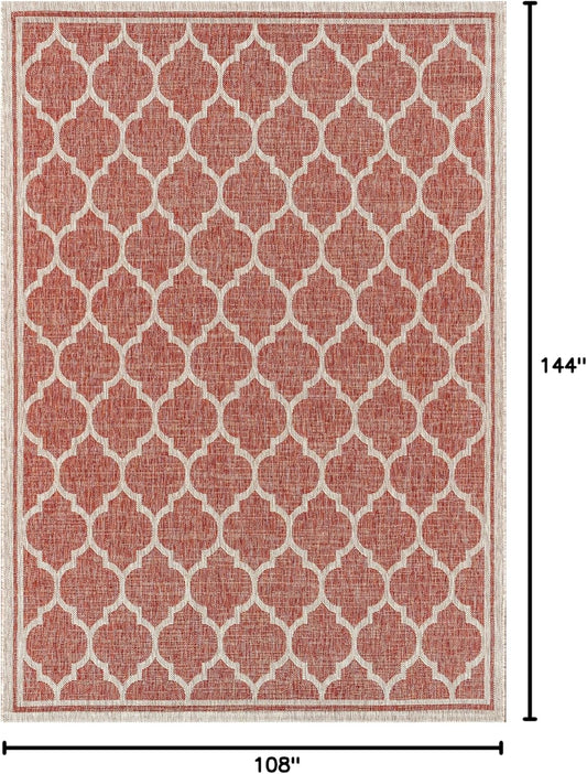 Eyely BMS109C-9 Santa Monica Trebol Moroccan Trellis Textured Weave Indoor/Outdoor Area Rug Coastal;Bohemian, Bedroom, Backyard, Patio, Easy-Cleaning, Non-Shedding, 9 X 12, Red/Beige